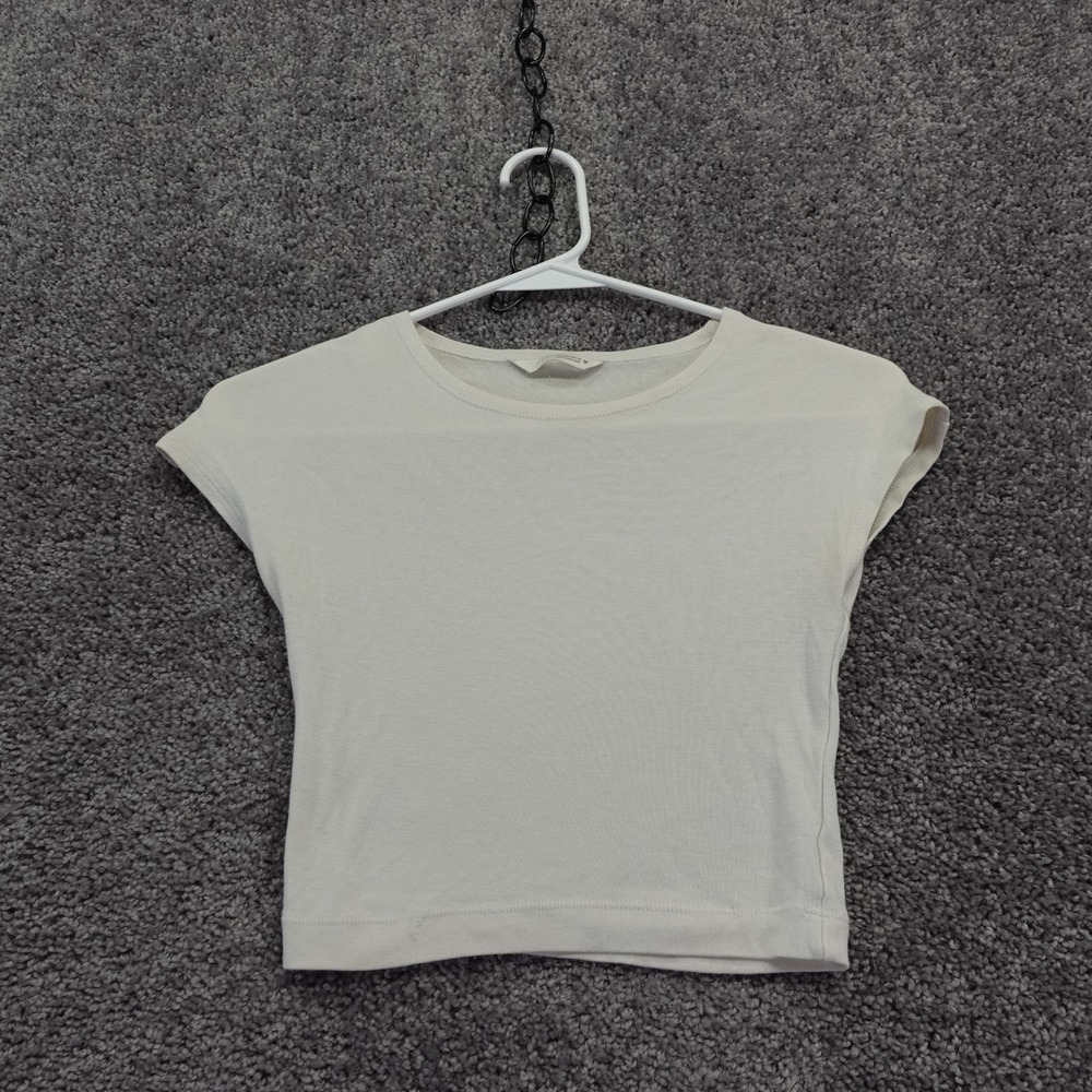 Zara T Shirt Womens Small Cream Ribbed Cap Sleeve Crew Neck Cropped
